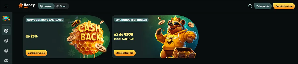 Polish online casino bonus section showing two promotional banners for weekly cashback up to 25% and a 50% highroller bonus up to €500 with code 50HIGH, featuring honey-themed graphics and a cartoon bear mascot.