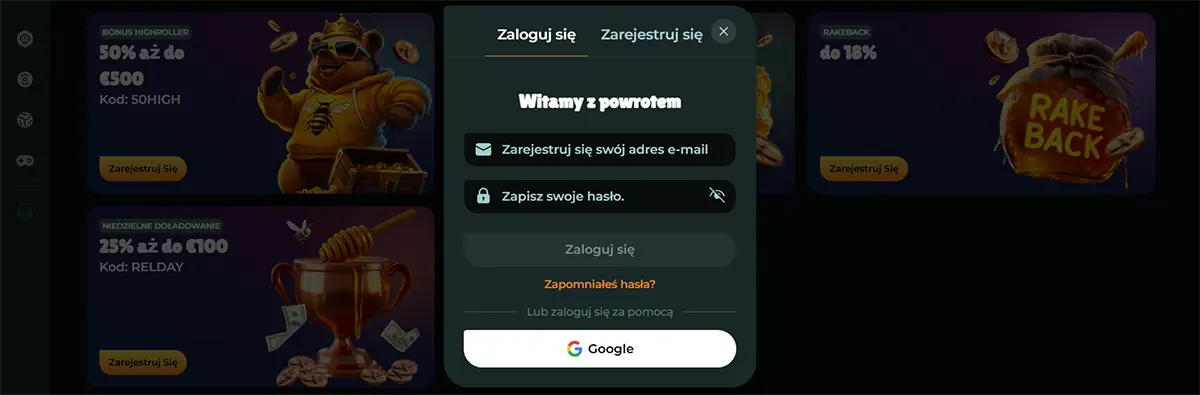 Polish online casino login popup with email and password fields, a Google sign-in option, and a darkened background showing bonus banners for highroller, Sunday reload, and rakeback promotions.